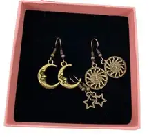 Sun, Moon, and Stars Bronze Celestial Earrings Lot