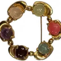 Vintage Ciner Signed Gold Tone Multicolor Cabachon Circle Brooch