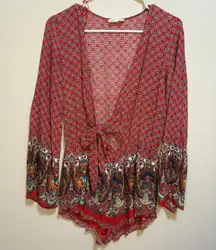 Cotton Candy Red Boho Plunge Tie Front Romper Long Sleeve Small Flowy Shorts