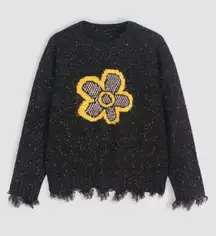 Cider Black Floral Ripped Cozy Sweater Distressed