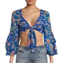 NWOT MISA Los Angeles $275 Blue Floral V-Neck Smocked Crop Blouse Top Size M