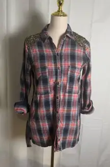 Free People Plaid Button Down Shirt - Red and Blue