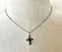 Silver tone and black dainty cross necklace