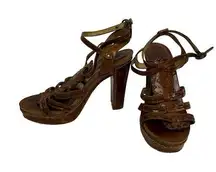 Frye Grace T-Strap Platform Sandals | Size 8M | Brown Leather High Heel