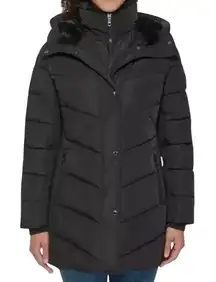 Andrew Marc  Womens Black Long Hooded Puffer Lightweight Insulation L