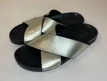 Barneys New York Crisscross-Strap‎ Metallic Leather Slide Sandals Size 8.5
