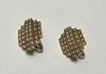 Monet Gold Tone & Rhinestone Clip On Earrings Signed