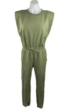 Beige Botany Green Crew Neck Sleeveless Elastic Drawstring Waist Jumpsuit Size S