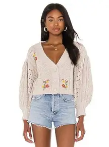 For Love & Lemons Women's Amaryllis Cropped Embroidered Sweater Size M