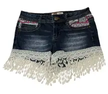 LEI Ashley Low Rise Denim Jean Shorts Aztec Lace Tassel Trim Blue Red White 1