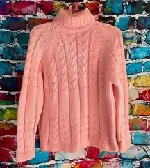 Vintage Acrylic Cable Knit Turtleneck Sweater Chunky Pink Size Large Korea