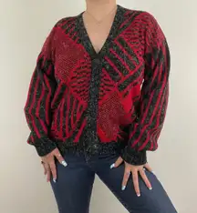 Vintage 80s Retro Red Black Geometric V Neck Grandpa Chunky Cardigan Sweater