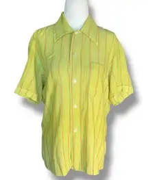 Vintage Brigade Striped Button Up Shirt Neon Green Orange Yellow Unisex Disco