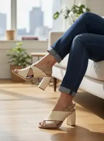 MERCEDES CASTILLO Slingback Sandals Ribbed Block Heel Two-Tone Nude Leather