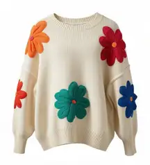 DAVI & DANI fell for you Colorful 3D  Flower appliqué White Sweater L