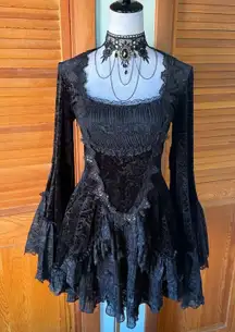 Dark in Love Gothic Victorian Vampire Vkei Black Velvet & Lace Mini Dress M