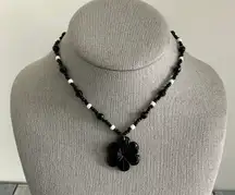 Cute Beaded Choker Necklace W Assorted Black & White Beads & Flower Pendant