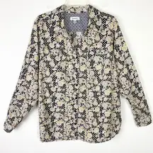 Dressbarn Yellow & Black Floral Woven Stripe Long Sleeve Button Up Shirt Size 2X