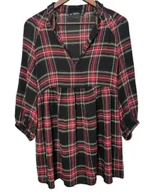 Zara Basic Women Small Red Plaid Plunge Neck Peplum Shirt Dress Babydoll Peasant