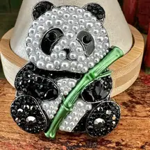 Panda Brooch with Crystals & Faux Pearls