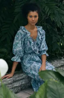 Mille Resort & Travel June Ruffle Midi Dress in Blue Pansy