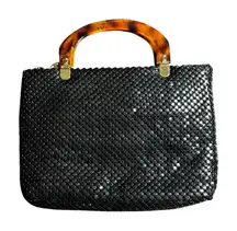 Vintage 60s/70s Black Mesh Handbag w/ Tortoise Lucite Handles, Zip Top