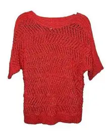 Chico's Size 2 (L /12) Red Open Stitch Sweater Dolman Short Sleeve Stretch