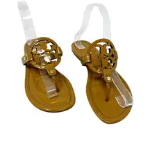 TORY BURCH Tan Caramel Patent Leather Miller Classic Designer Logo Sandals 6.5