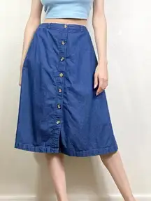 (8 Petite) Vintage Dark Wash Denim Button Up A Line Midi Skirt