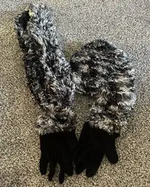 Fluffy furry Black and Gray Scarf Hat Gloves Winter Gear Set