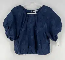 Ophelia Roe Navy Textured Floral‎ Paisley Puff Sleeve Cropped Blouson Top