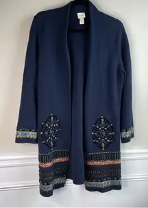 Chico’s navy‎ blue embellished wool blend open front sweater cardigan size 8