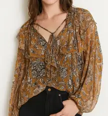 Hannah Artwear Women's Boho Sheer Floral Ruffle‎ Tie Neck Blouse Top Size 1