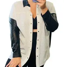 Leather Jacket Button Up Oversized Perforated Black White Color Block Blu Ice