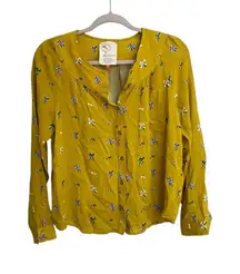 Anthropologie Conversations Mustard Yellow Bow‎ Print Button up Blouse Size 2