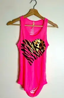 Y2K leopard print heart neon pink ripped tank top shirt size small