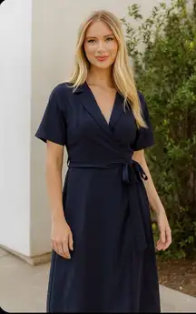 Böhme‎ Navy Wrap Dress Size Large Pockets  Midi Belted Classic Chic Style