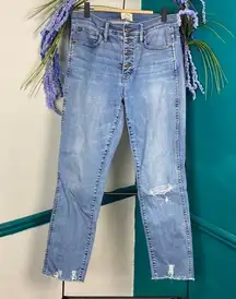 J crew vintage street light blue denim button up distressed straight cropped