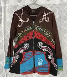 Rising International Hoodie Jacket Nepal Women Cotton Hippie Flower Patch Sz XL