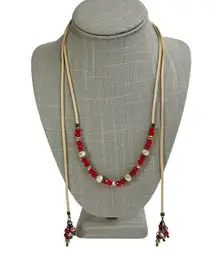 Red Faceted Glass Beaded Faux Suede Cord Slide Lock Necklace