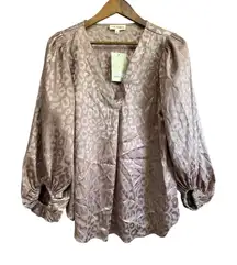 Ee:some Animal‎ Print Blouse V-Neck Long Balloon Sleeve Mauve Women's Top