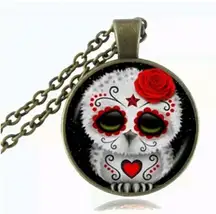 Sugar Skull Owl Necklace, Bronze Pendant, Day of‎ the Dead, Halloween, Red Rose