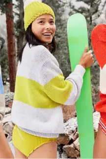 AERIE Oh Snow Soft Sweater XS Grey Yellow Stripe NEW Oversized Mockneck Cozy