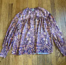 Current Air Shirt Womens Large Purple Floral Boho Peasant Long Sleeve Smocked