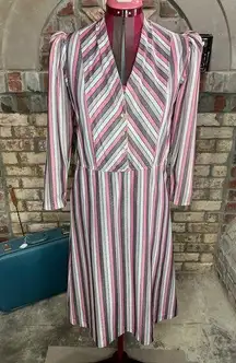 dress long sleeved v neck striped puff long sleeves pink gray tan barbiecore