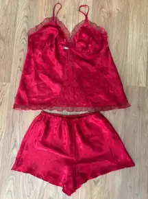 Jaclyn Smith Sleepwear 2 piece satin pajama set red hearts valentines day Sz M