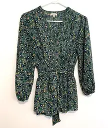 Max Studio  Crepe 3/4 Sleeve Tie Front Blouse Dark Green Multi Floral Bow Boho M