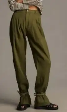 ANTHROPOLOGIE Ankle Tie Linen Trousers Dark Green Size 12 NEW