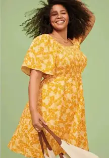 Terra Sky Fit & Flare Flutter Sleeve Smocked Dress‎ Sz 14 0X Orange White Floral