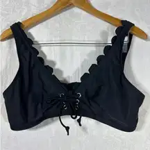Cute Goth Bikini Top Large Black Lace Up Front Scalloped Crop